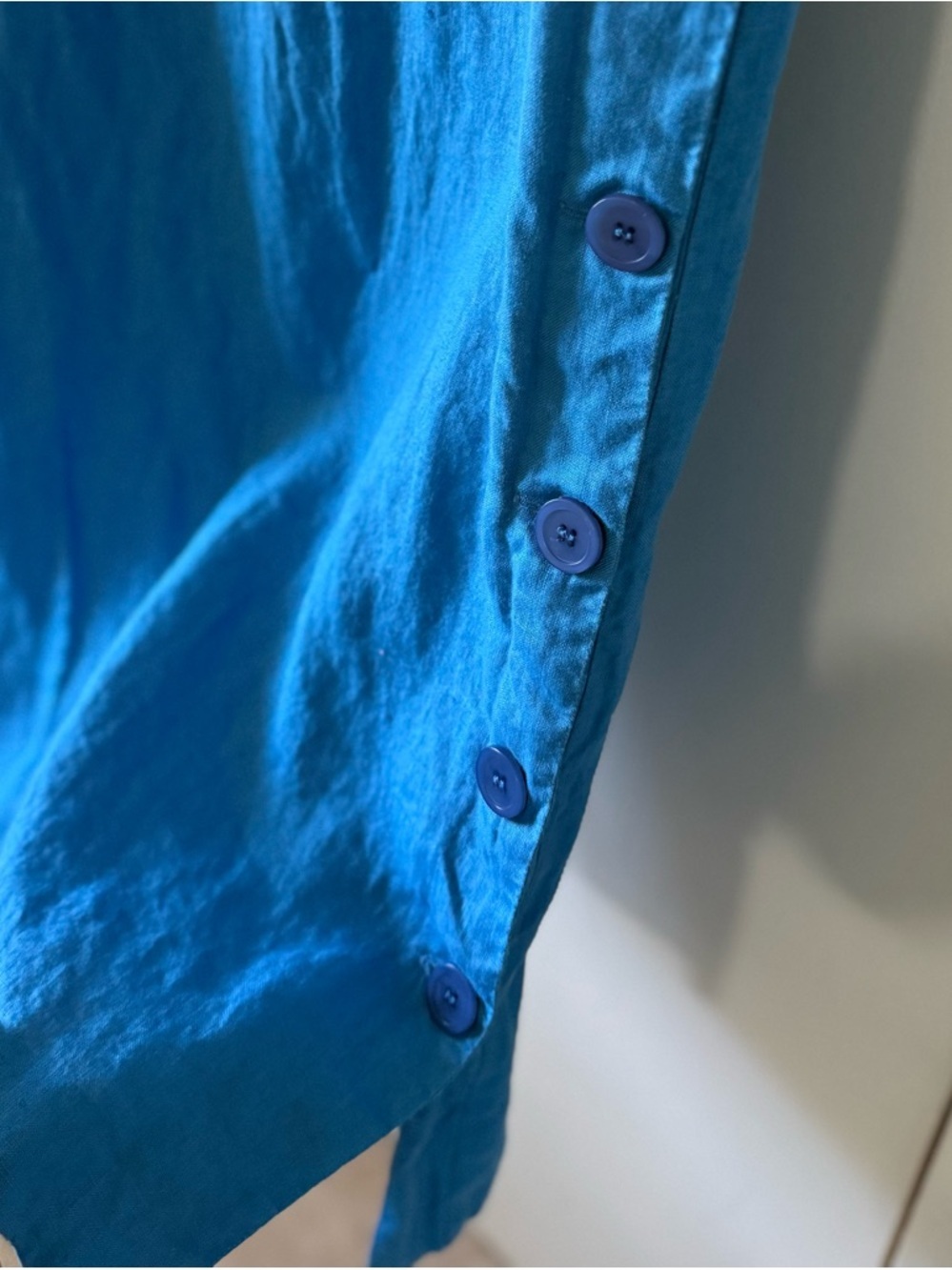 Vintage 90s Talbots Blue Short-Sleeve Midi Dress Side Button Slit Irish Linen - Picture 9 of 11